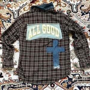 Upcycled Plaid Christian Cross Shirt Button Up Unisex Long Sleeve Size M 10/12